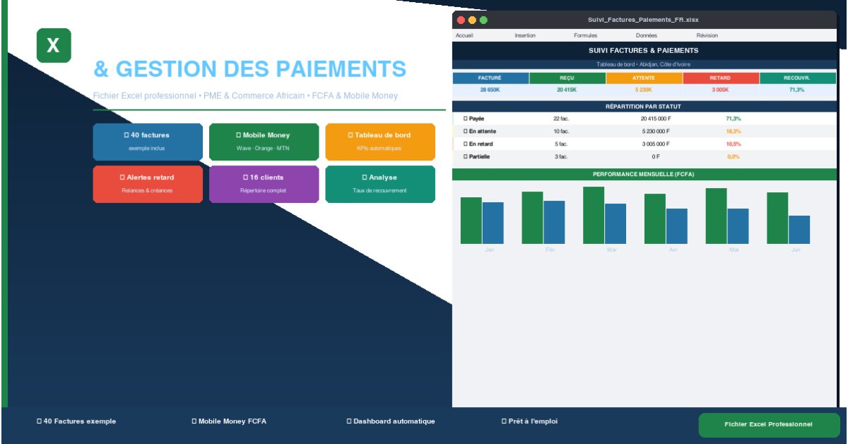 Suivi Factures & Paiements Excel — Gestion Créances + Mobile Money (Wave, Orange Money, MTN)