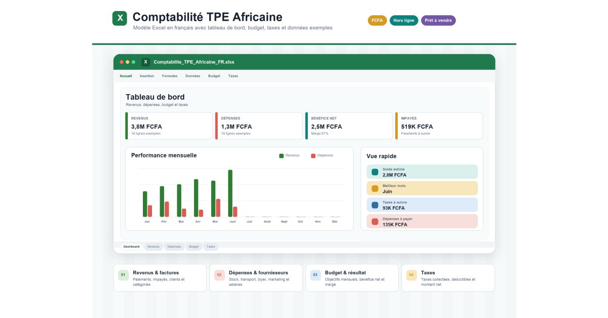 Comptabilité TPE Excel — Revenus, Dépenses, Budget, Taxes & Tableau de Bord