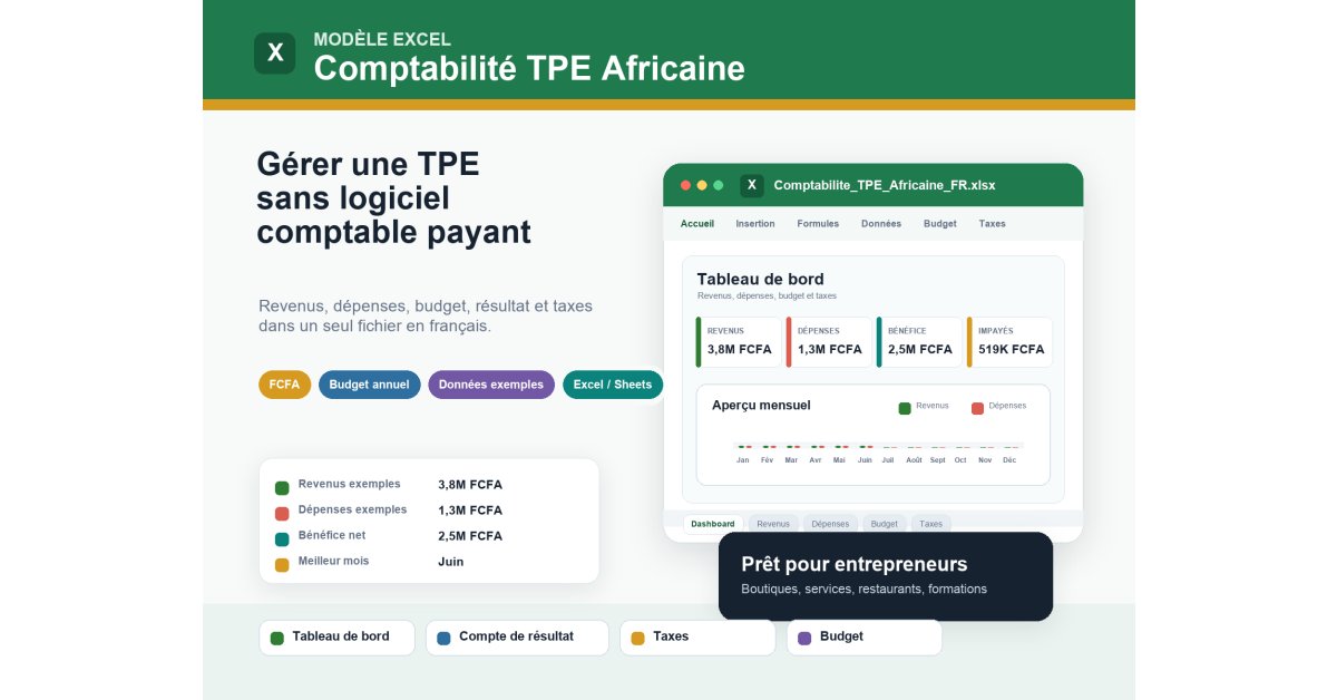 Comptabilité TPE Excel — Revenus, Dépenses, Budget, Taxes & Tableau de Bord