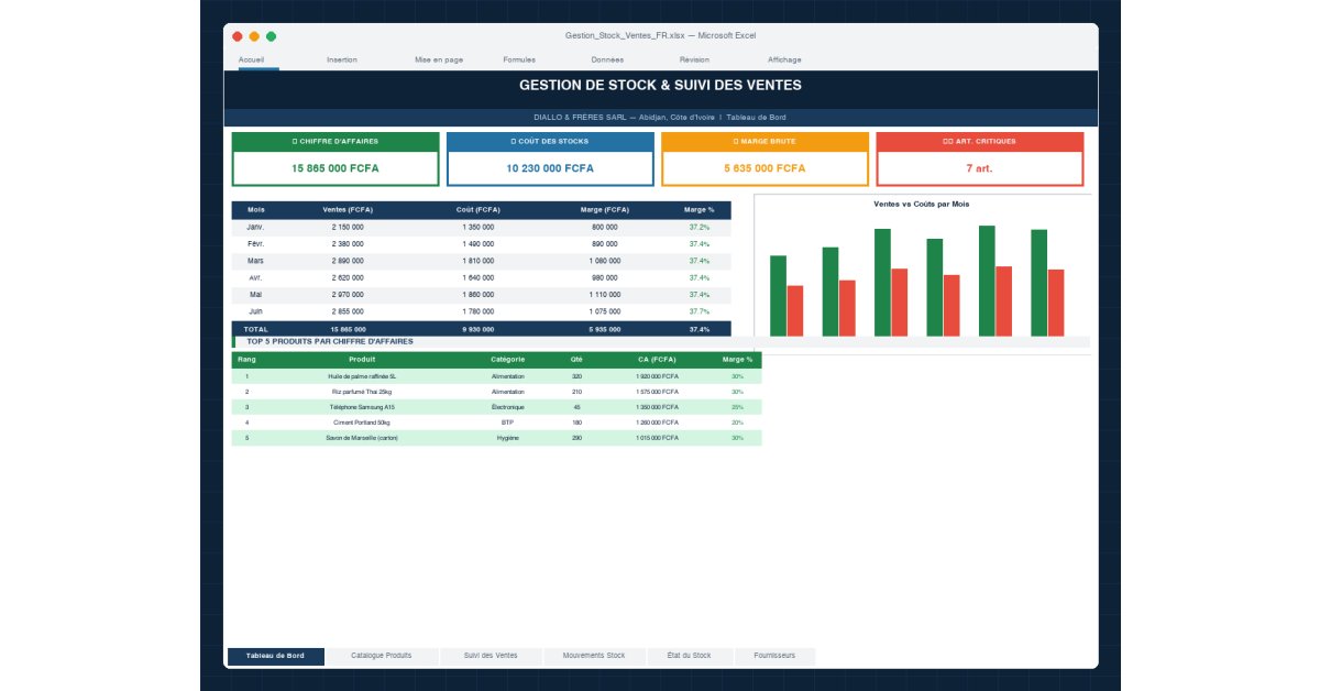 Gestion Stock & Ventes Excel — Catalogue, Alertes Stock, Fournisseurs & Marges
