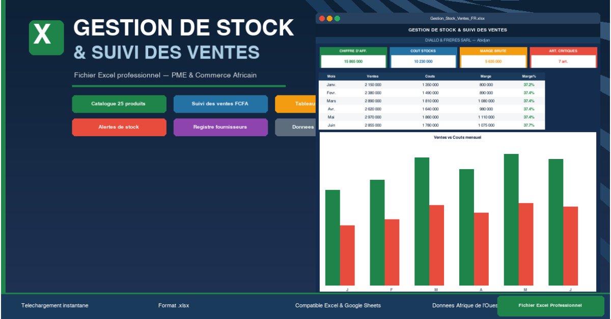 Gestion Stock & Ventes Excel — Catalogue, Alertes Stock, Fournisseurs & Marges