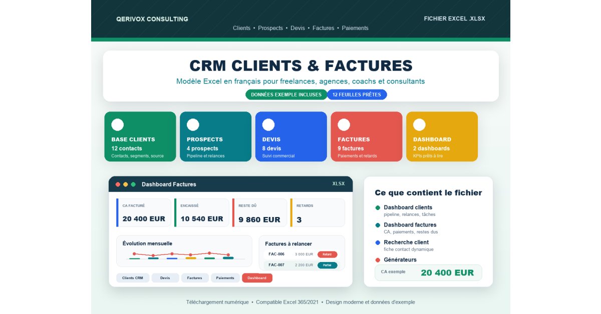 CRM Clients & Factures Excel en Français — Devis, Paiements, Relances & Dashboard