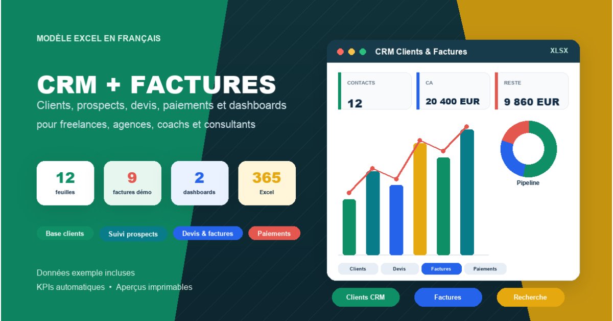 CRM Clients & Factures Excel en Français — Devis, Paiements, Relances & Dashboard