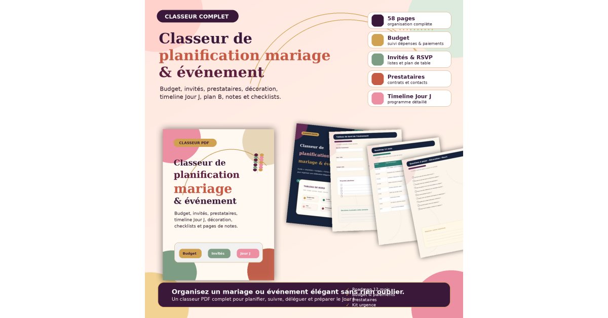 Classeur de planification mariage & événement — Budget, invités, prestataires, checklists et timeline Jour J